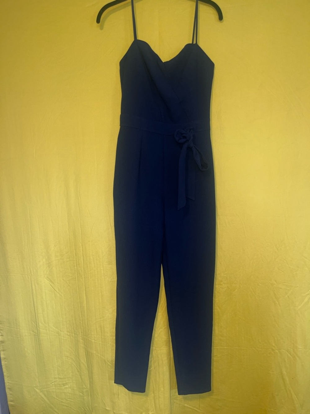 Spaghetti-Strap Navy Jumpsuit with Self Tie Waist
